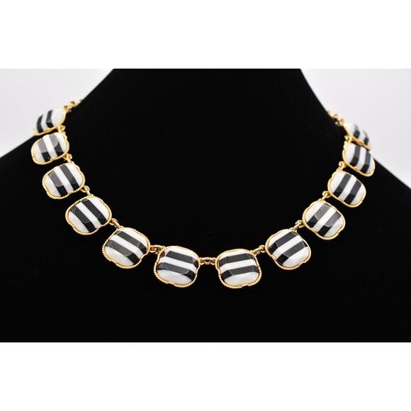Talbots Statement Necklace Collar Black White Striped Gold Chunky Heavy 90s BinA - Picture 1 of 12
